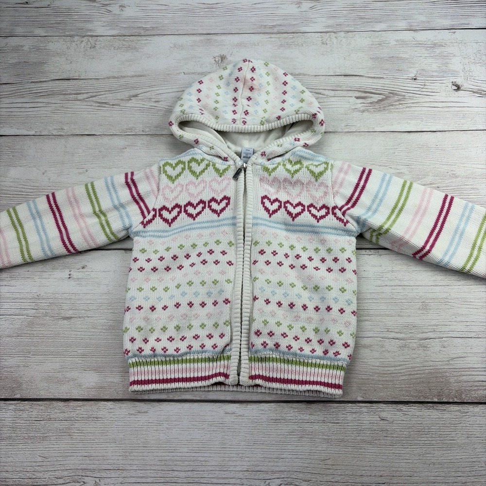 Baby Gap Toddler 5T Girl's Fair Isle Heart Stripe White Hooded Full Zip Sweater